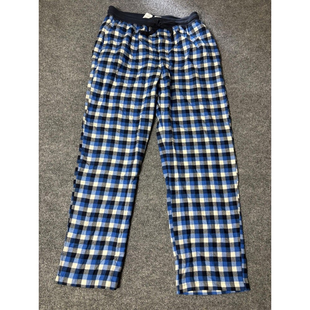 L.L. Bean Sleep Pants Mens M Capri Blue Plaid Flannel Drawstring Cotton